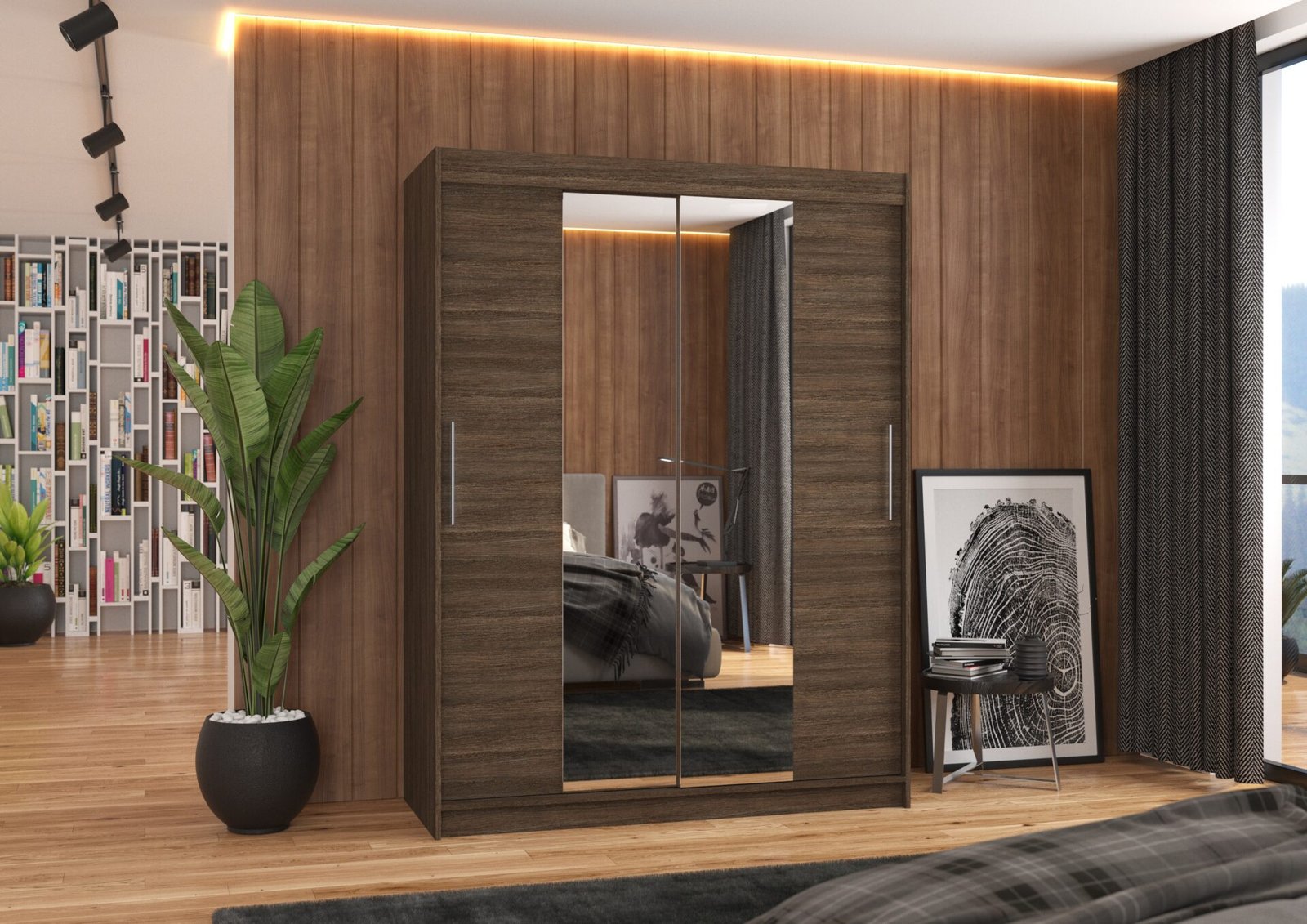 INESS 150 Sliding wardrobe with mirror, chocolate color, ADRK - Image 3