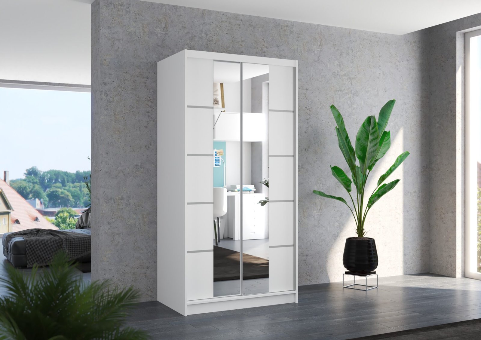 Sliding wardrobe with mirror KSAWER 100 white ADRK - Image 2
