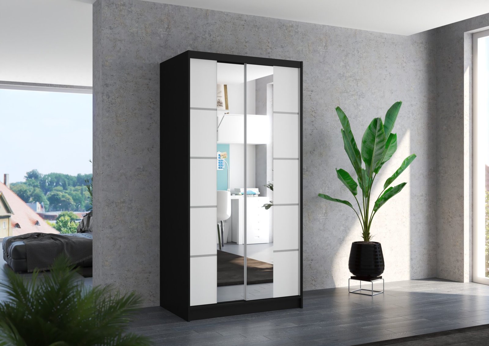 Sliding wardrobe with mirror KSAWER 100 black/white ADRK - Image 2
