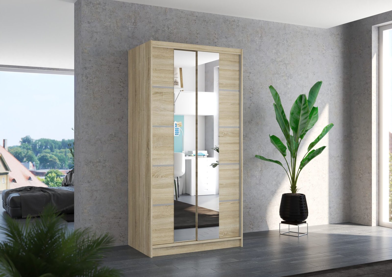Sliding wardrobe with mirror KSAWER 100 Sonoma ADRK - Image 2