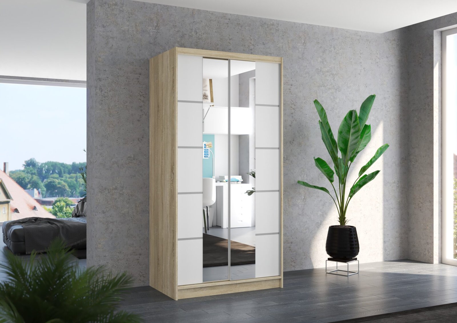 Sliding wardrobe with mirror KSAWER 100 Sonoma/White ADRK - Image 2