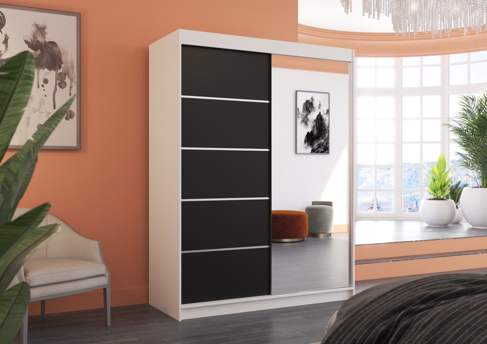 Sliding wardrobe with mirror LIMBO 150 white/black ADRK - Image 3