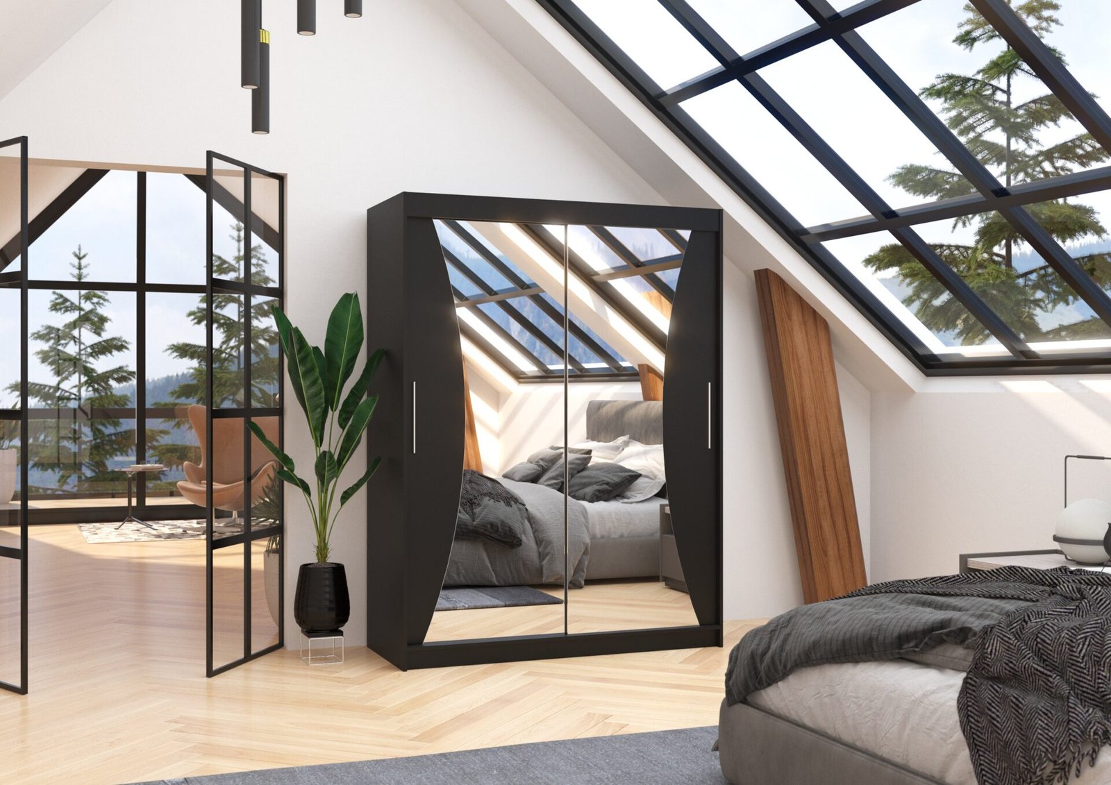 Sliding wardrobe with mirror MAX 150 black ADRK - Image 3