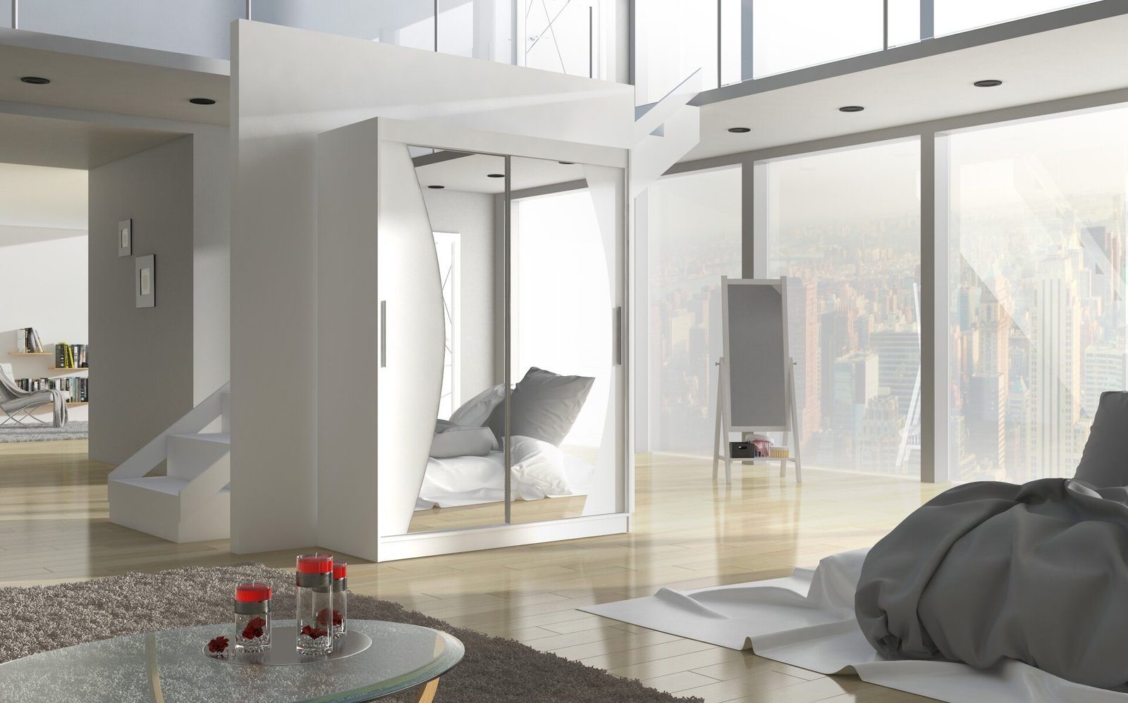 Sliding wardrobe with mirror MODESTO 150 white ADRK - Image 2