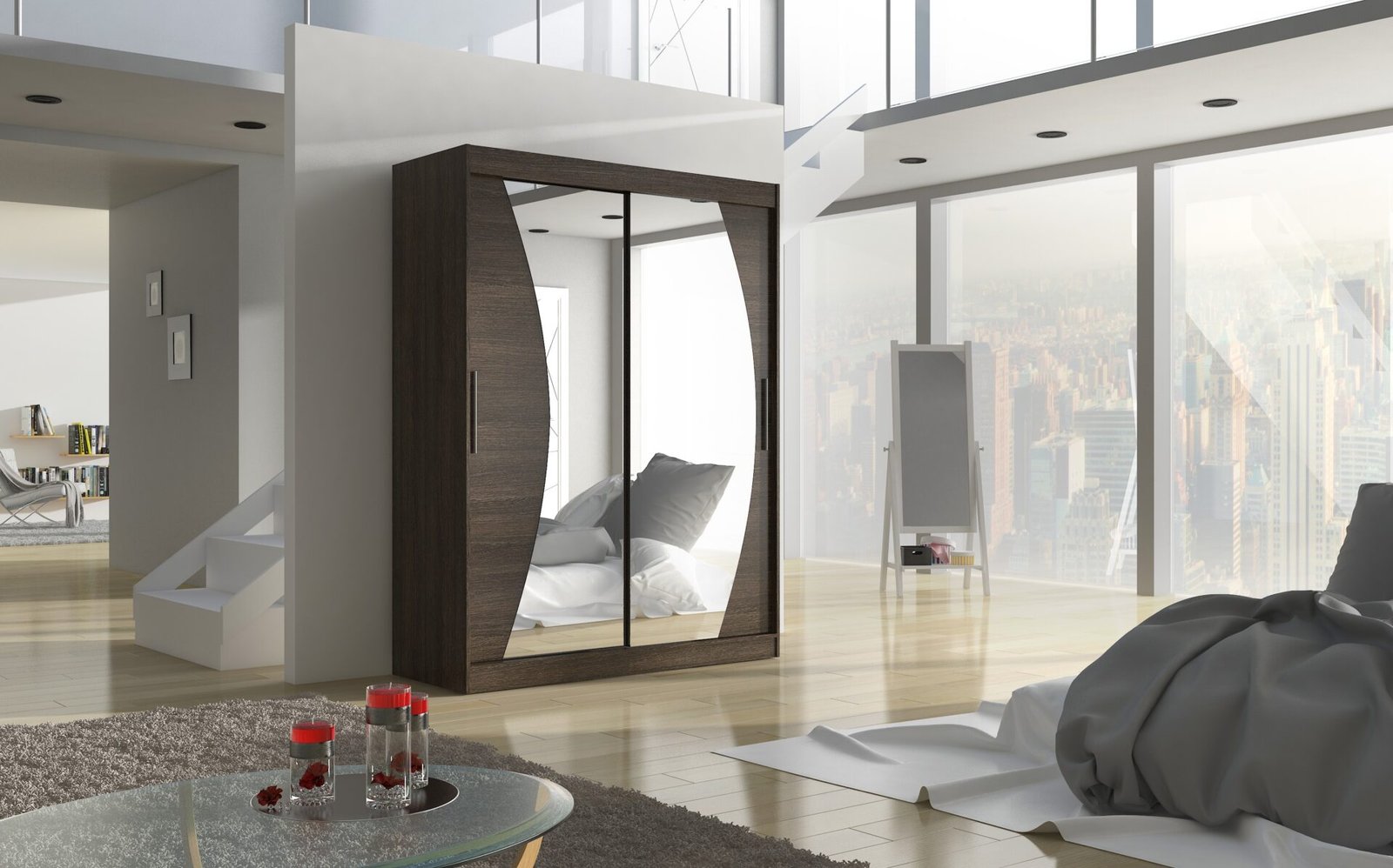 Sliding wardrobe with mirror MODESTO 150 chocolate color ADRK - Image 2