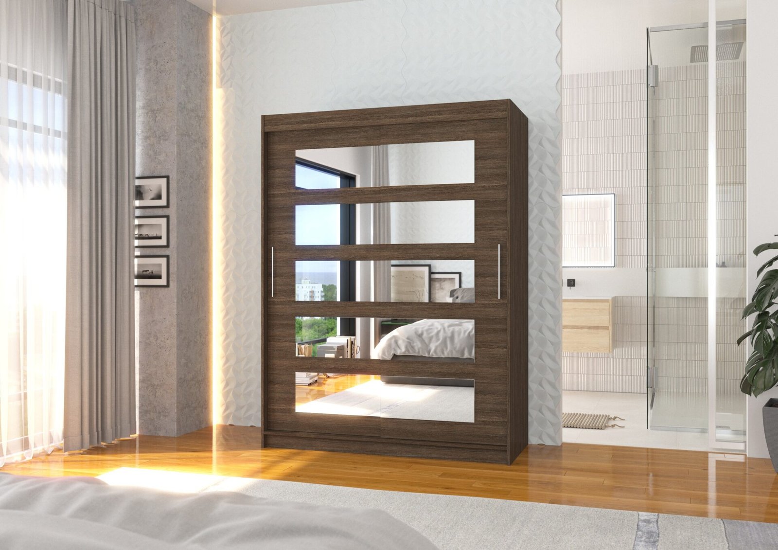 Sliding wardrobe with mirror MURANI 150 chocolate color ADRK - Image 3