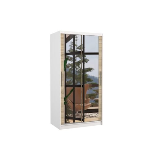 NEVIO 100 sliding wardrobe with mirror, white/Sonoma, ADRK