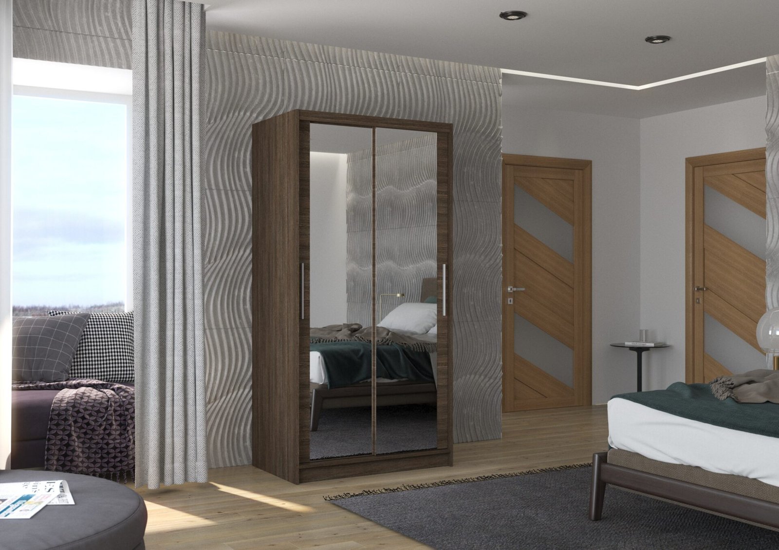 Sliding wardrobe with mirror NEVIO 100 chocolate color ADRK - Image 2