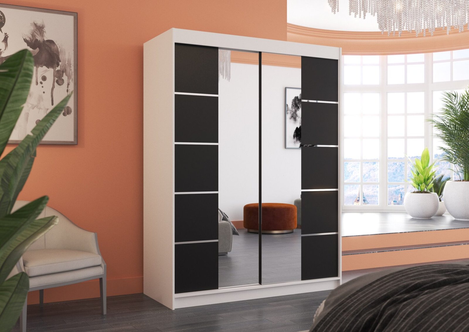 Sliding wardrobe with mirror NORDIC 150 white/black ADRK - Image 3