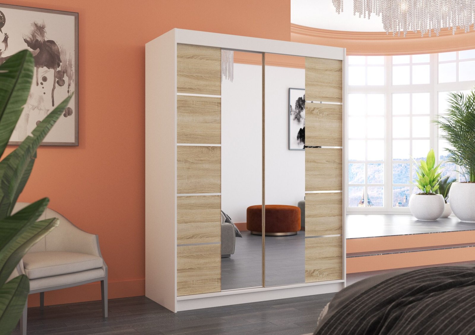 Sliding wardrobe with mirror NORDIC 150 white/Sonoma ADRK - Image 3