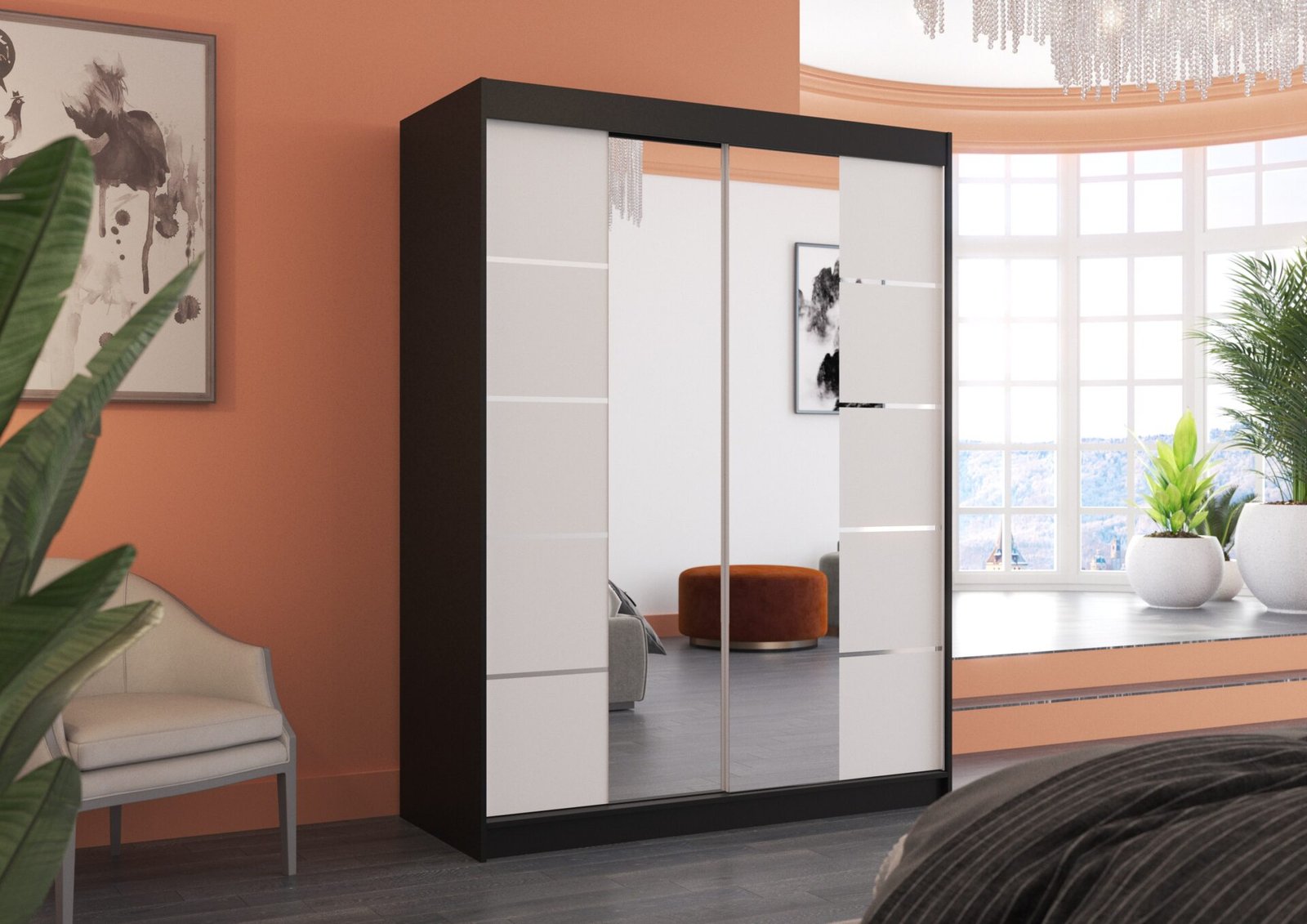 Sliding wardrobe with mirror NORDIC 150 black/white ADRK - Image 3