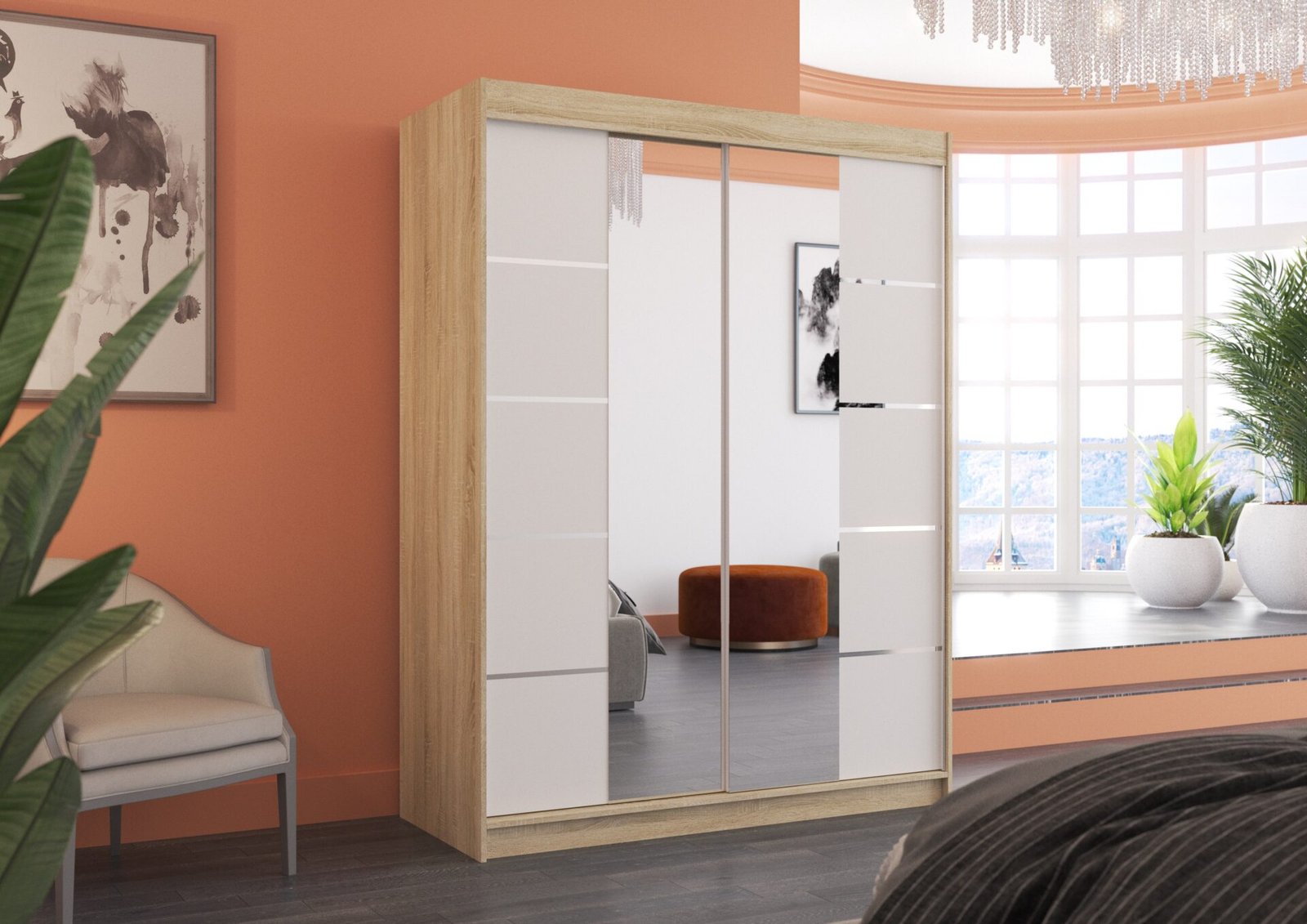 Sliding wardrobe with mirror NORDIC 150 Sonoma/White ADRK - Image 3