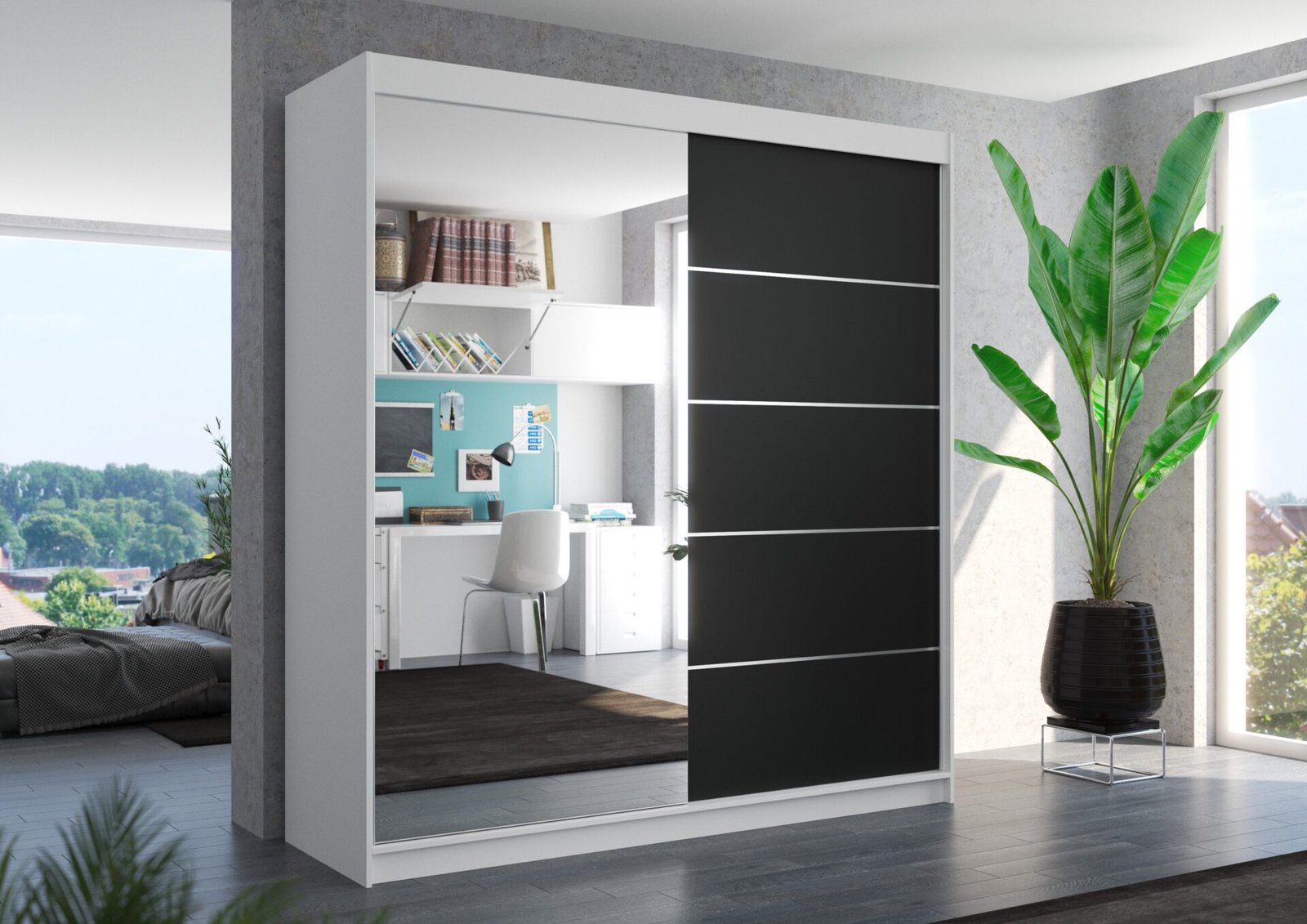Sliding wardrobe with mirror OLIVER 200 white/black ADRK - Image 2