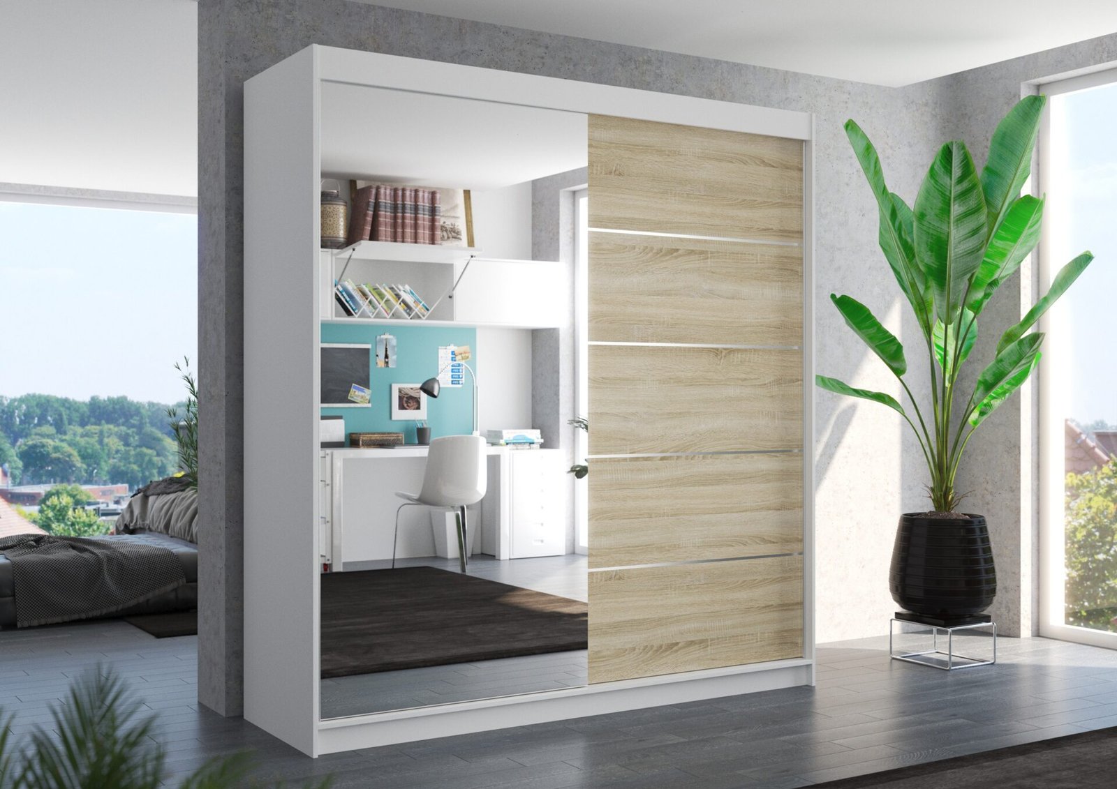 Sliding wardrobe with mirror OLIVER 200 white/Sonoma ADRK - Image 2