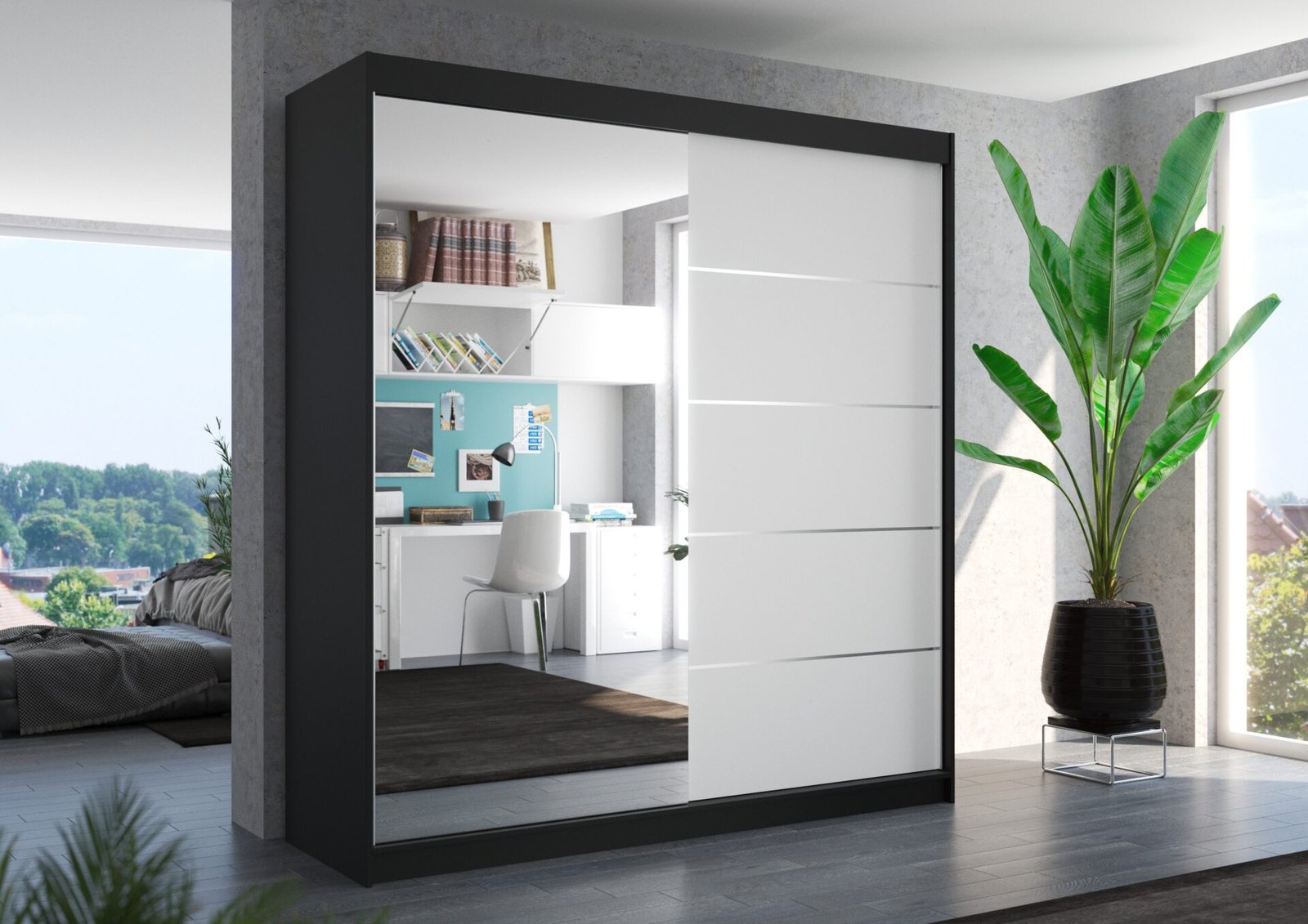 Sliding wardrobe with mirror OLIVER 200 black/white ADRK - Image 2