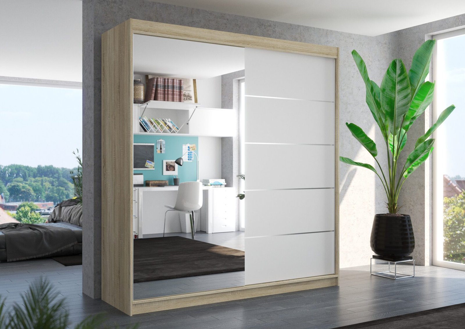 Sliding wardrobe with mirror OLIVER 200 Sonoma/White ADRK - Image 2