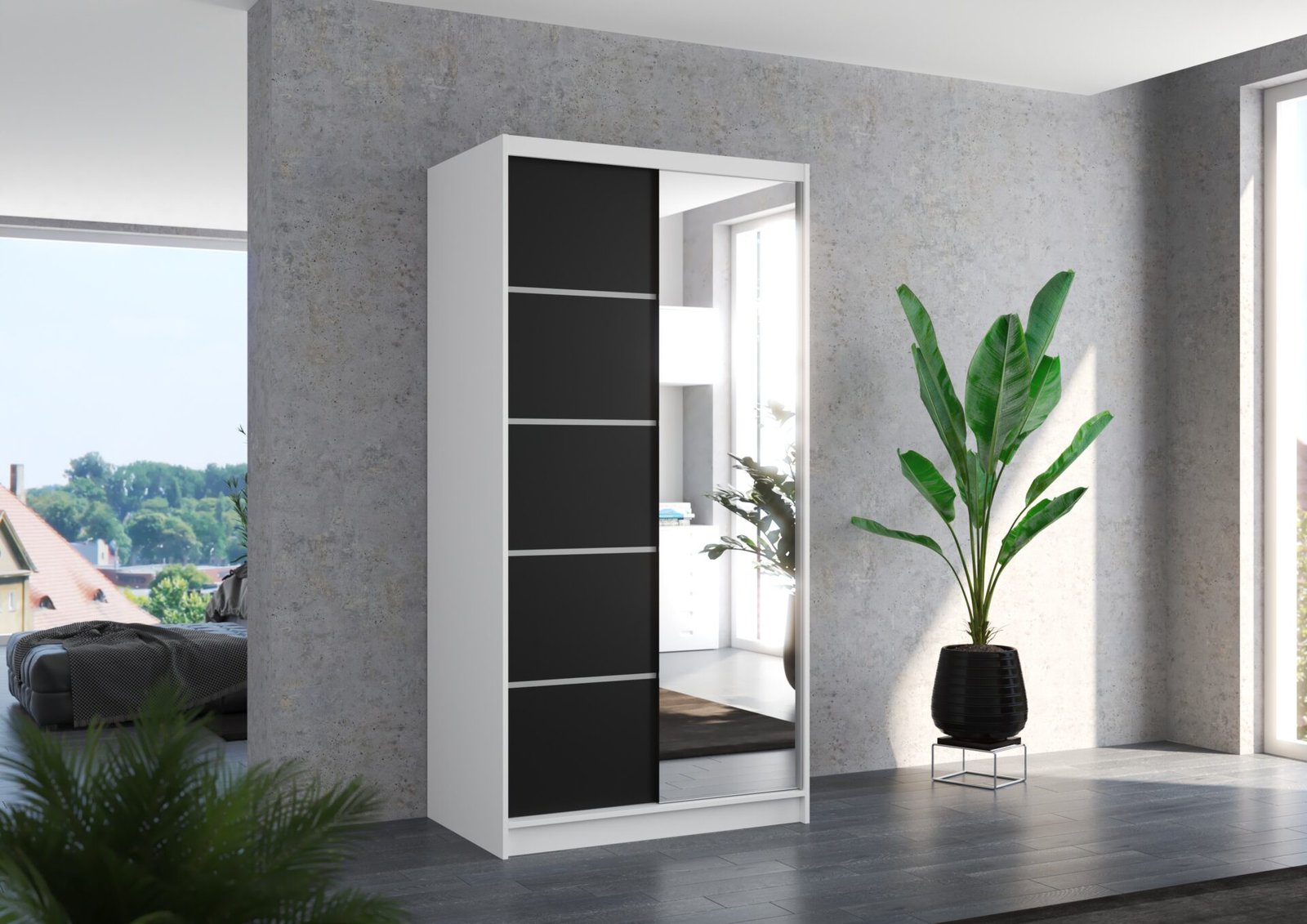 Sliding wardrobe with mirror ORLANDO 100 white/black ADRK - Image 2