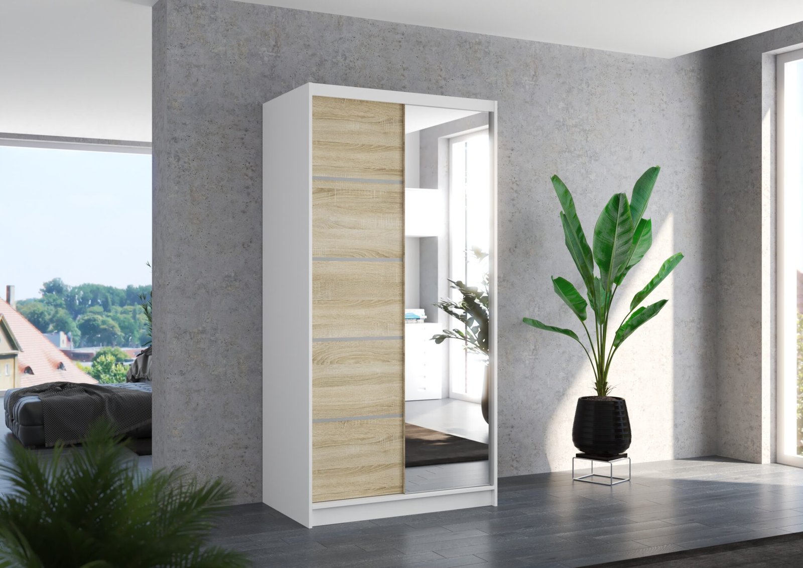 ORLANDO 100 sliding wardrobe with mirror, white/Sonoma, ADRK - Image 2