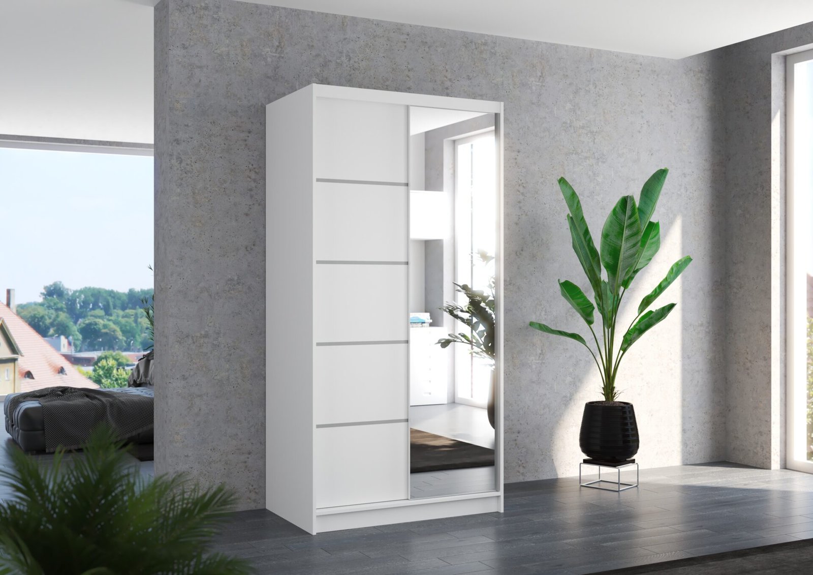Sliding wardrobe with mirror ORLANDO 100 white ADRK - Image 2