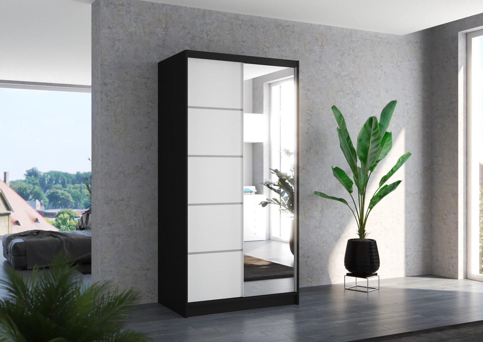 Sliding wardrobe with mirror ORLANDO 100 black/white ADRK - Image 2