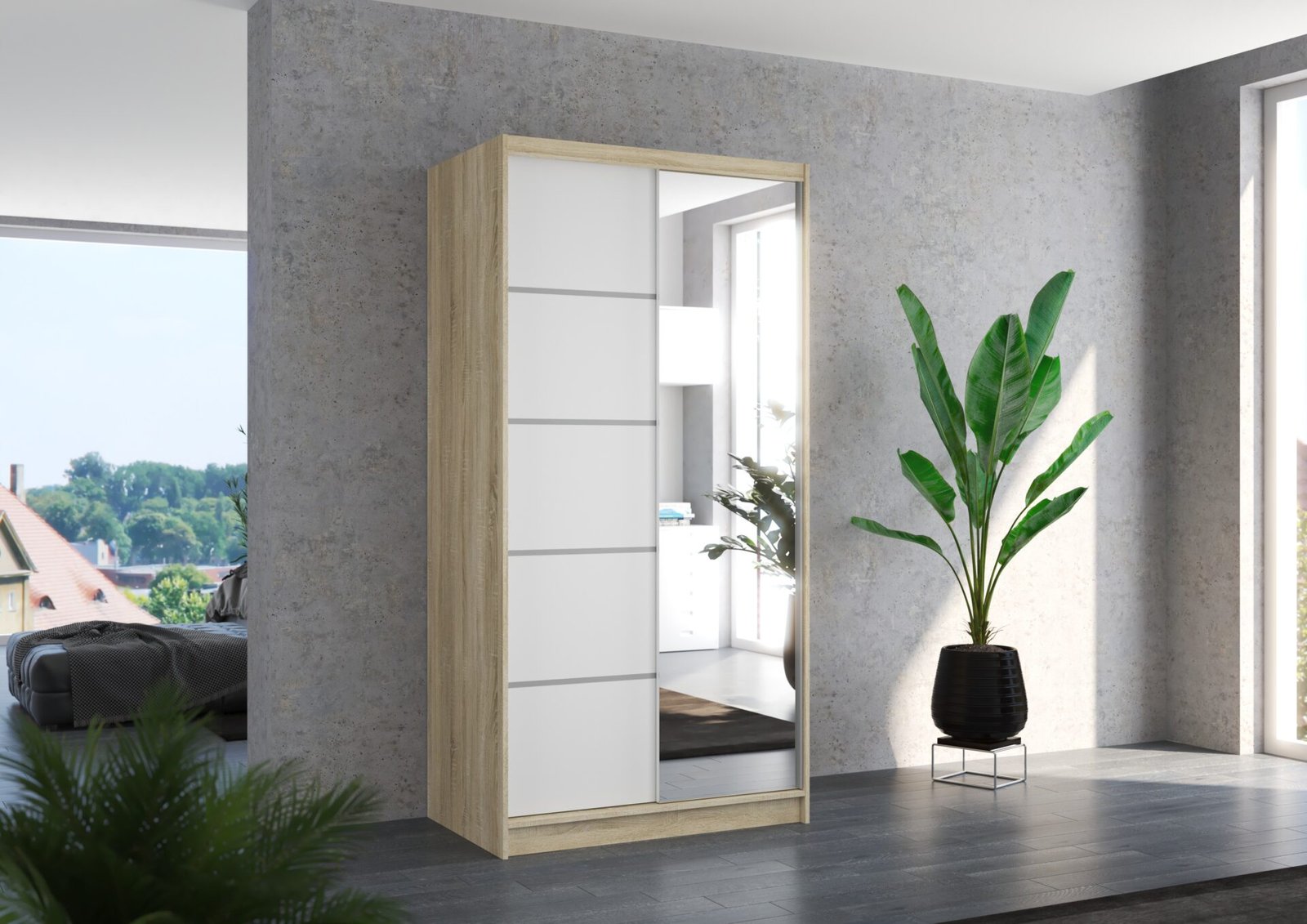 ORLANDO 100 sliding wardrobe with mirror, Sonoma/white, ADRK - Image 2