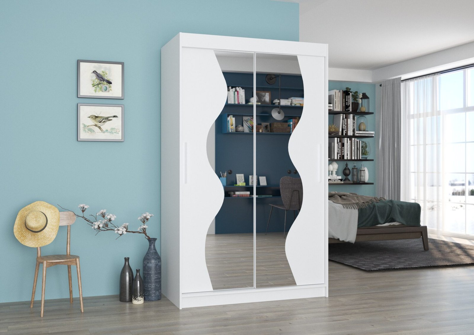 OSWALD 120 Sliding wardrobe with mirror, white, ADRK - Image 3