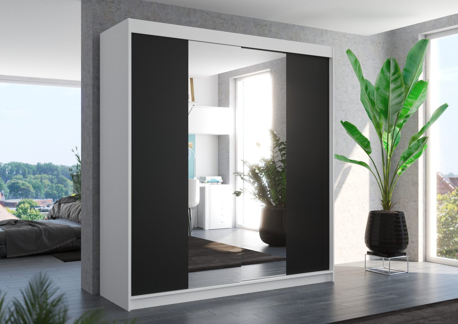Sliding wardrobe with mirror PERQS 200 white/black ADRK - Image 2