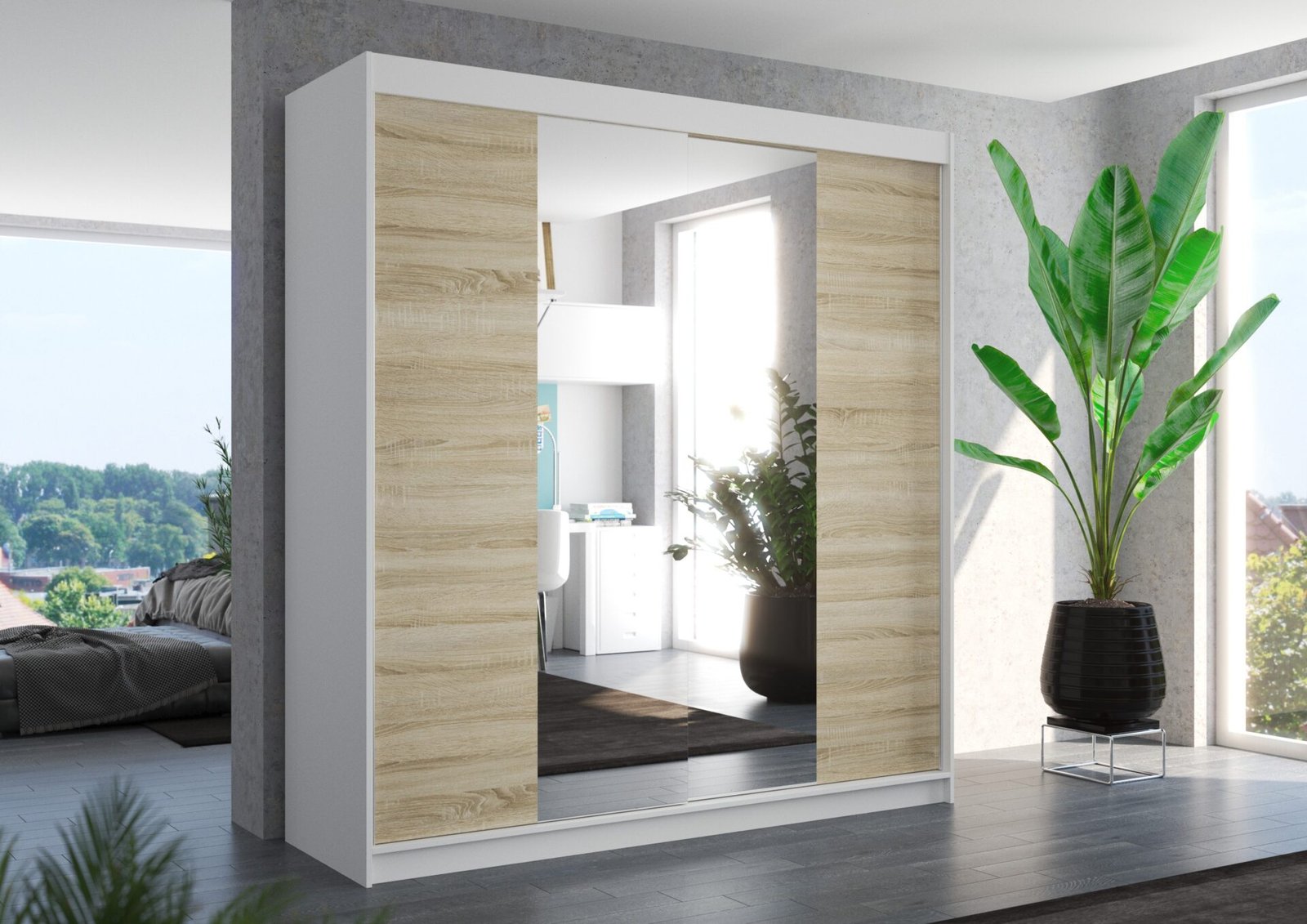 Sliding wardrobe with mirror PERQS 200 white/Sonoma ADRK - Image 2