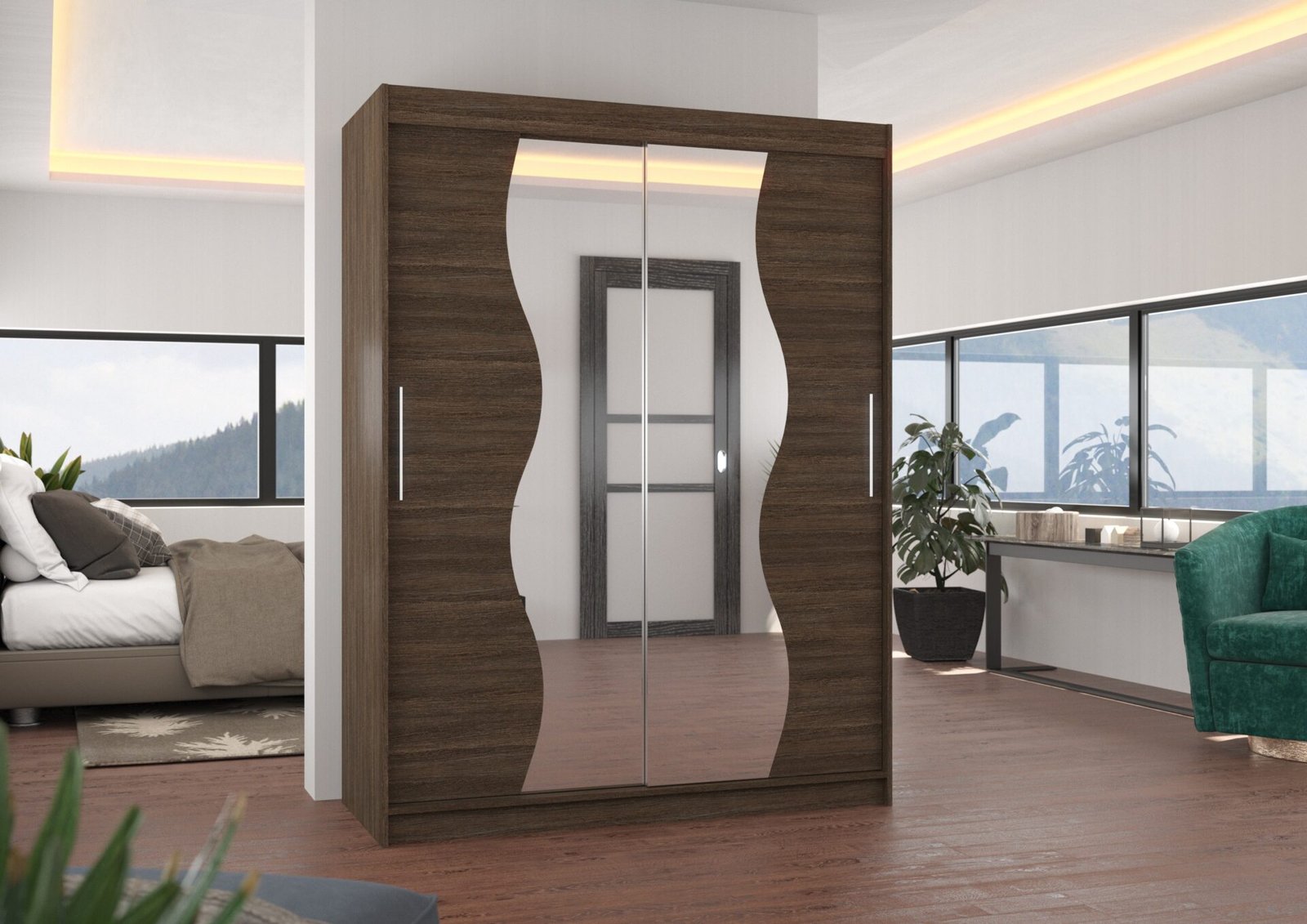 Sliding wardrobe with mirror RENZO 150 chocolate color ADRK - Image 3