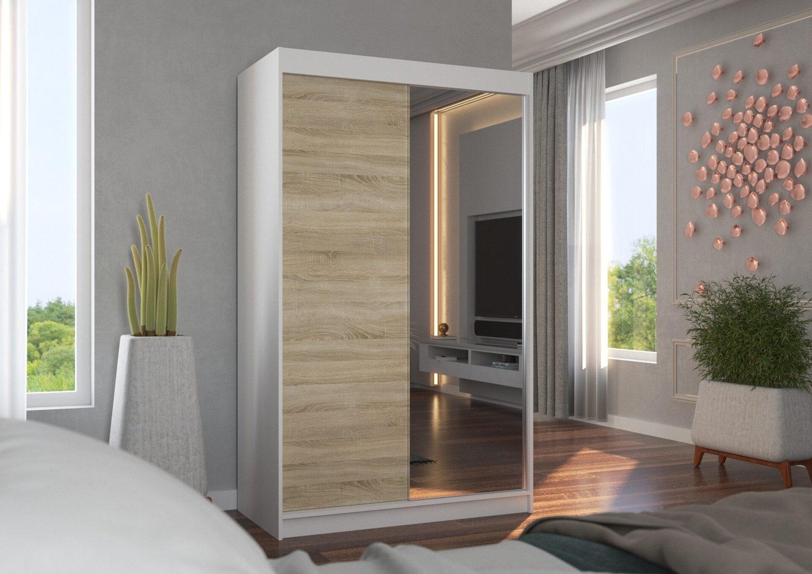 Sliding wardrobe with mirror REWENA 120 white/Sonoma ADRK - Image 3