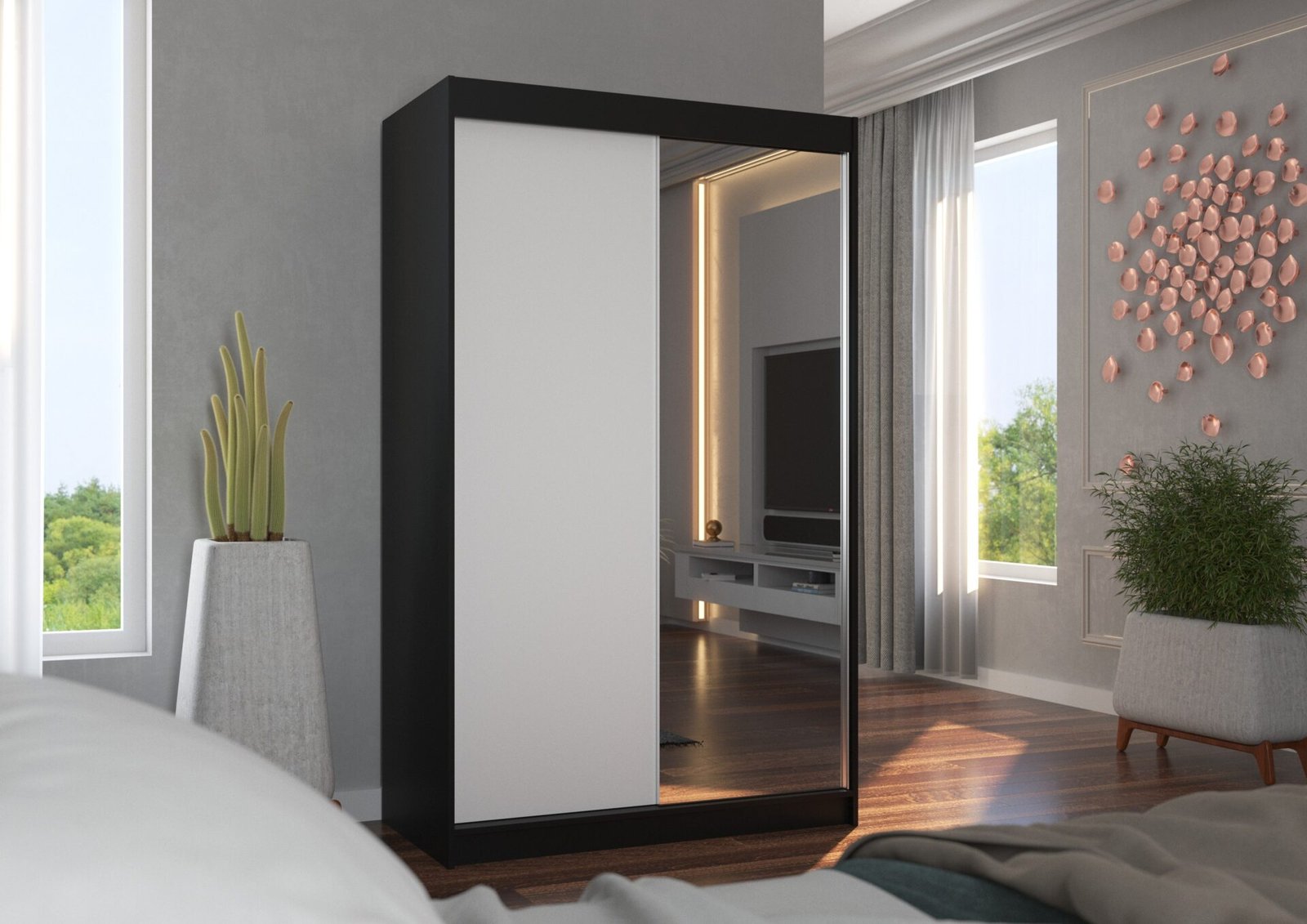 Sliding wardrobe with mirror REWENA 120 black/white ADRK - Image 3
