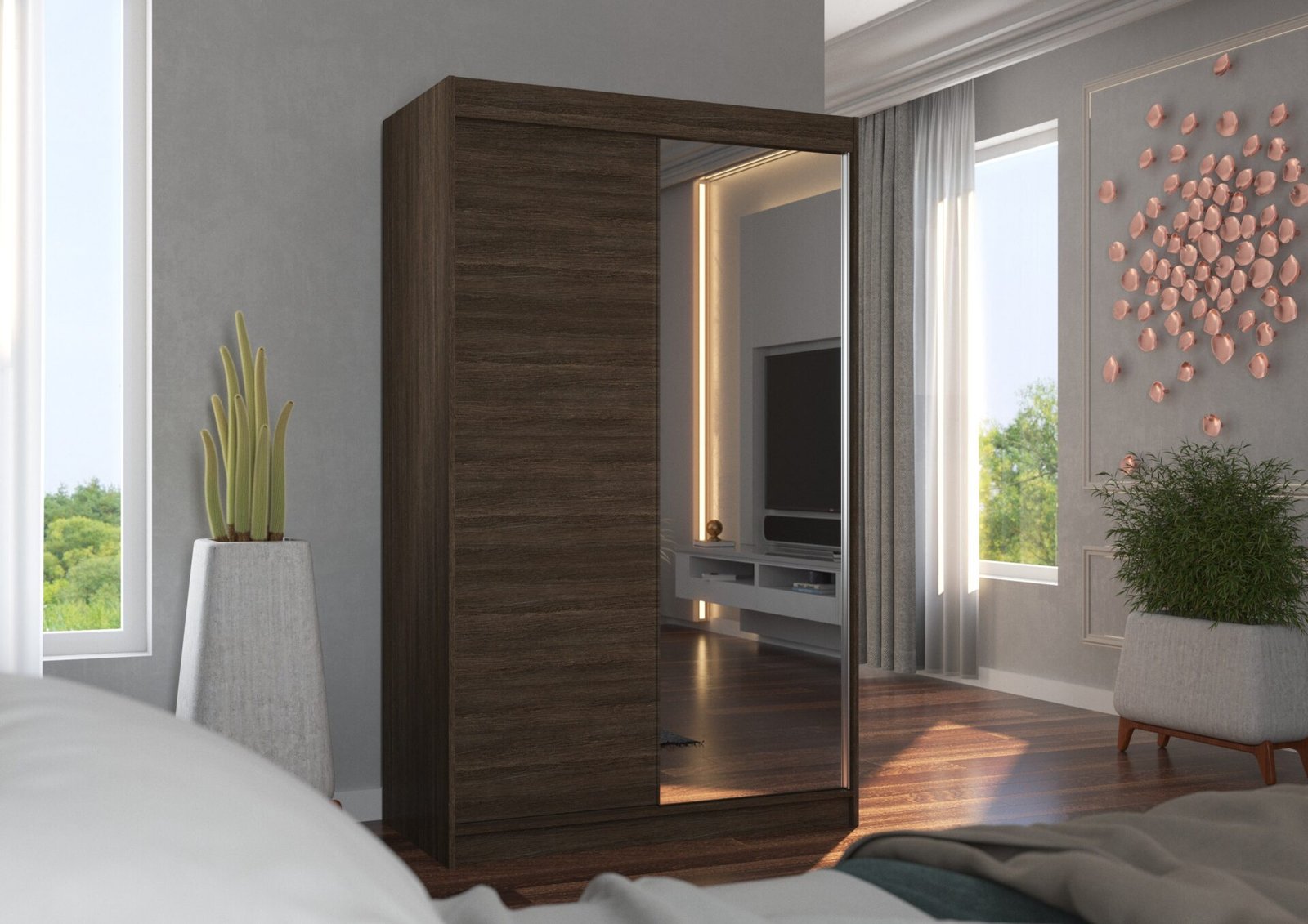 Sliding wardrobe with mirror REWENA 120 chocolate color ADRK - Image 3