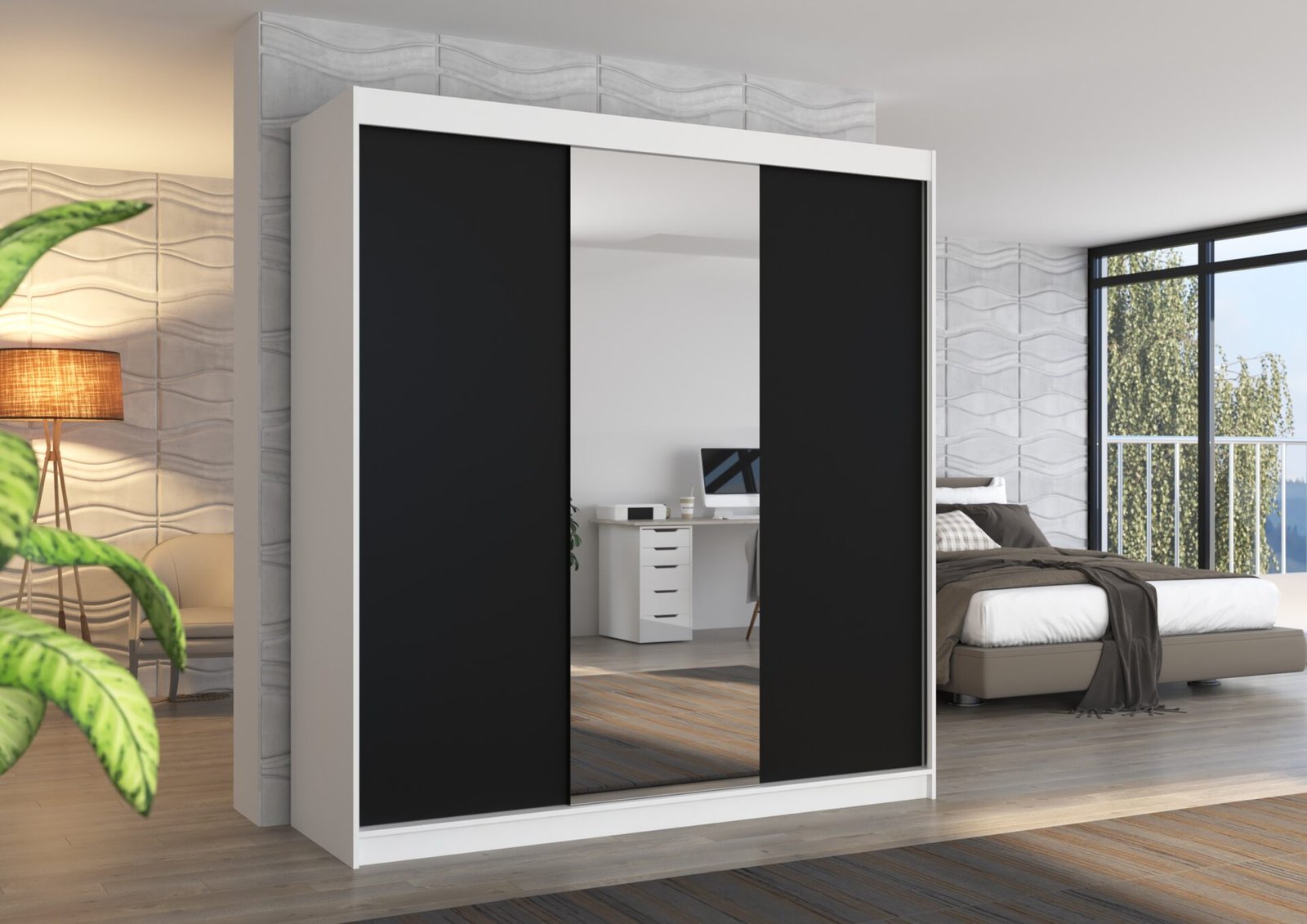 Sliding wardrobe with mirror SANTIAGO 200 white/black ADRK - Image 2