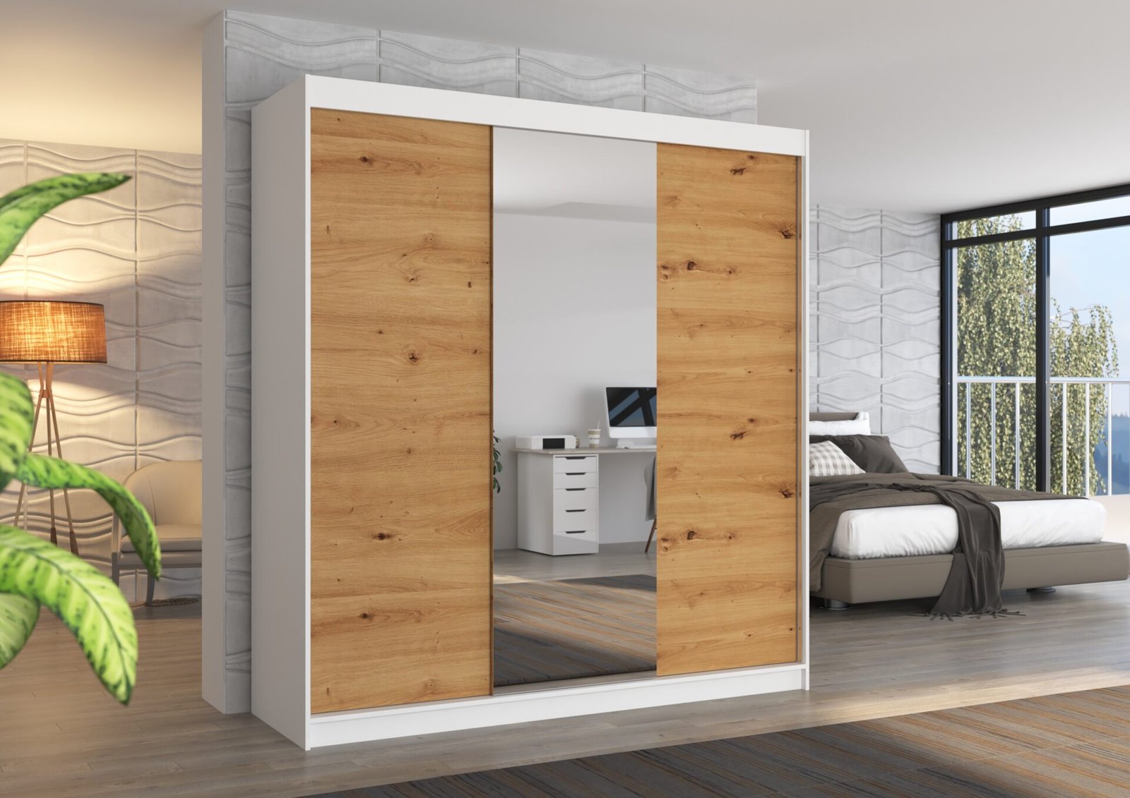 Sliding wardrobe with mirror SANTIAGO 200 white/Artisan ADRK - Image 2