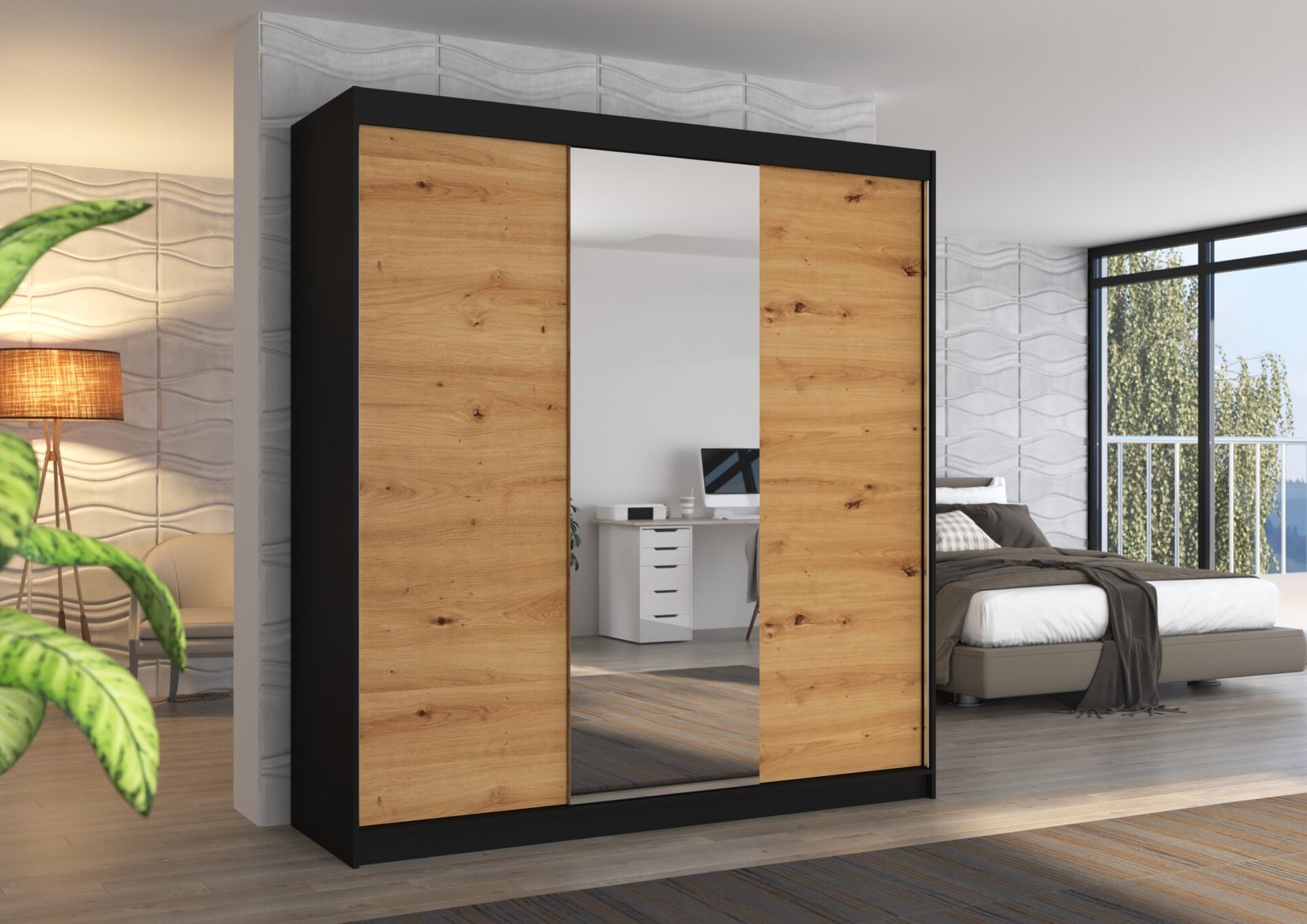 Sliding wardrobe with mirror SANTIAGO 200 black/Artisan ADRK - Image 2