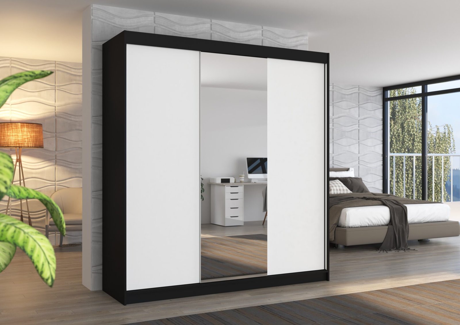 Sliding wardrobe with mirror SANTIAGO 200 black/white ADRK - Image 2