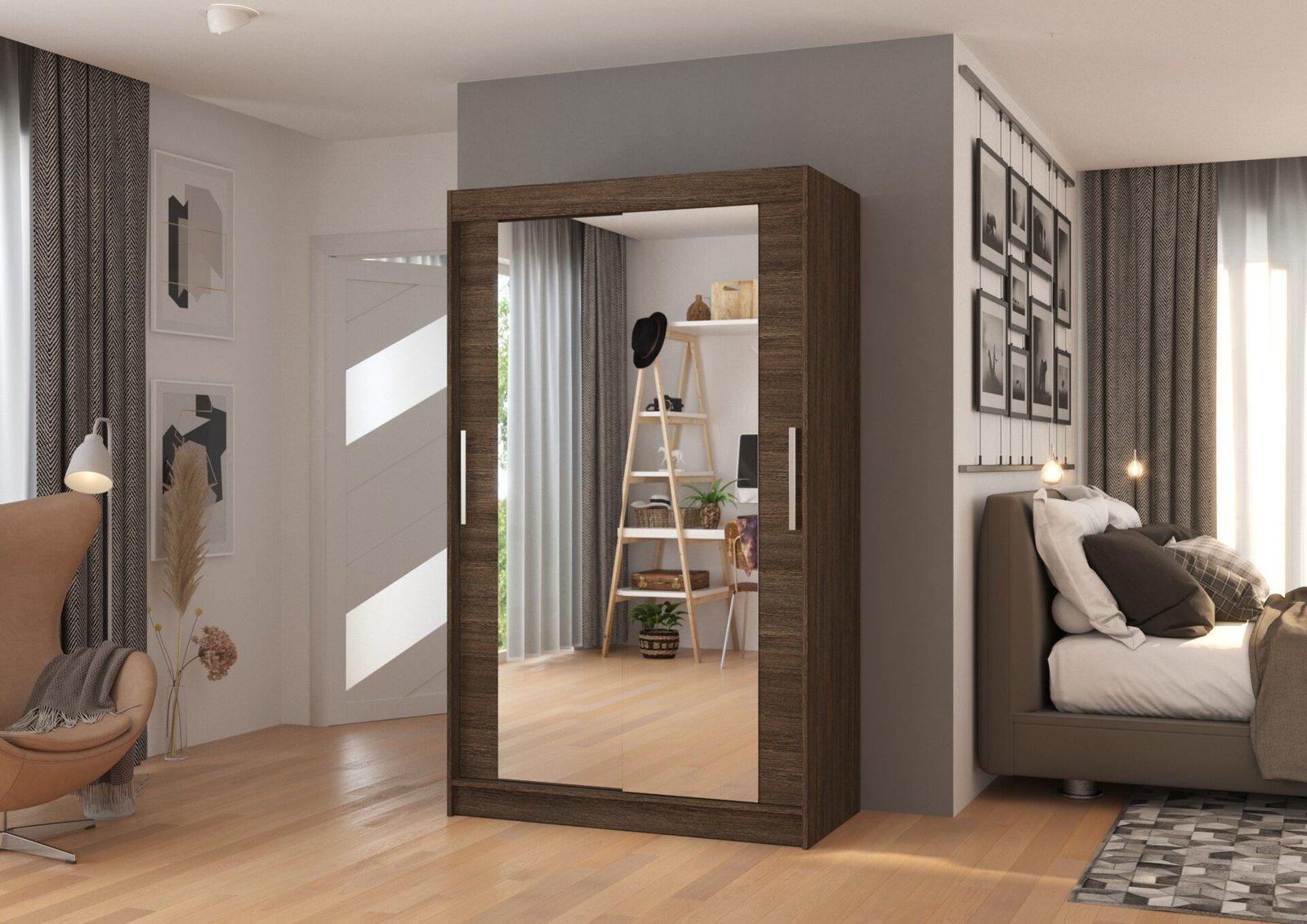 Sliding wardrobe with mirror TIBAGO 120 chocolate color ADRK - Image 3