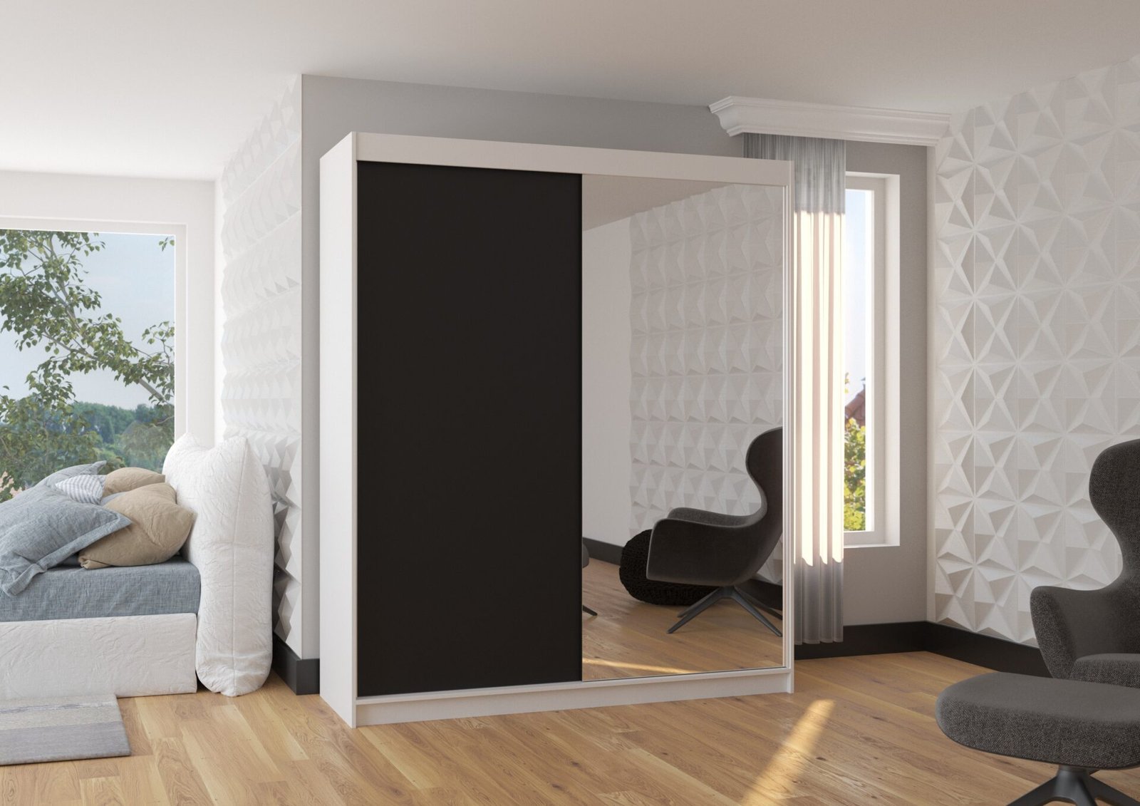 VIKI 180 Sliding wardrobe with mirror, white/black, ADRK - Image 3