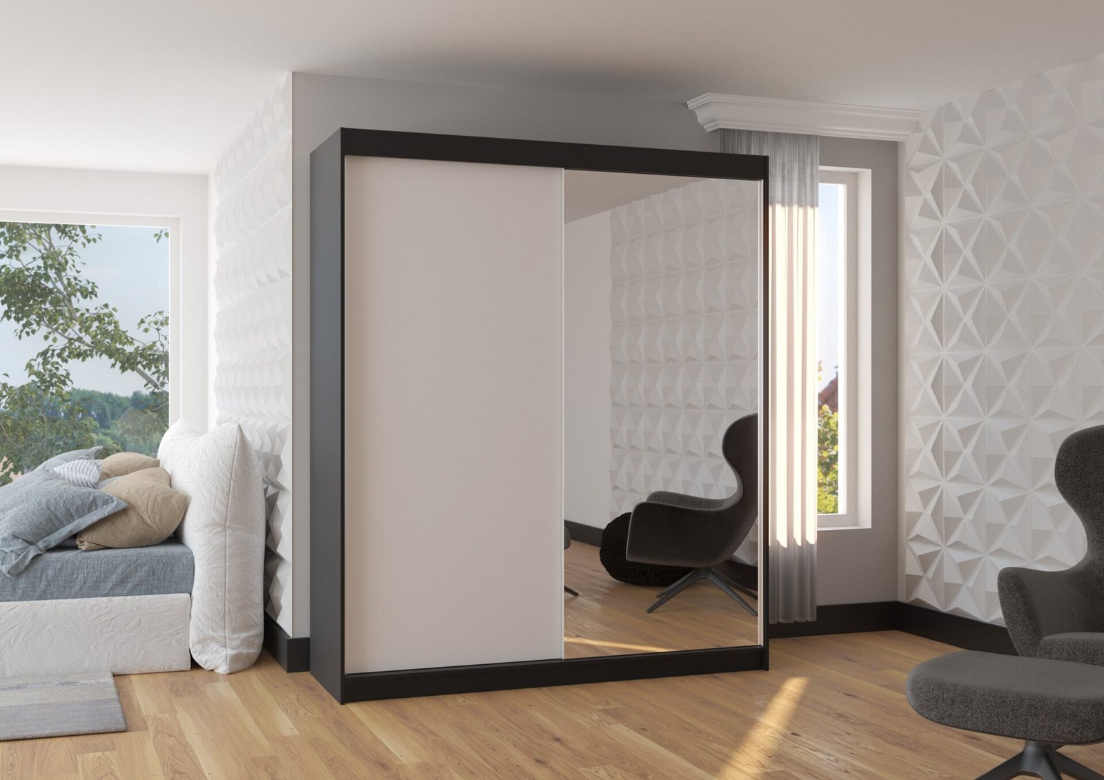 VIKI 180 black/white ADRK sliding wardrobe with mirror - Image 3