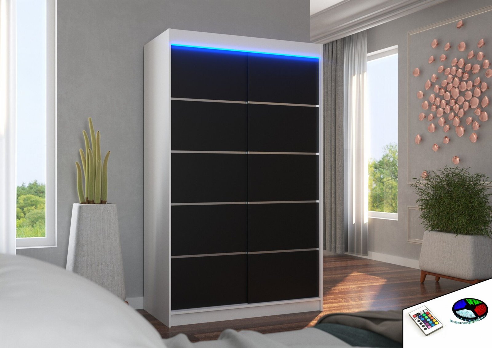 Sliding wardrobe with LED lighting BENISSO 120 white/black ADRK - Image 2