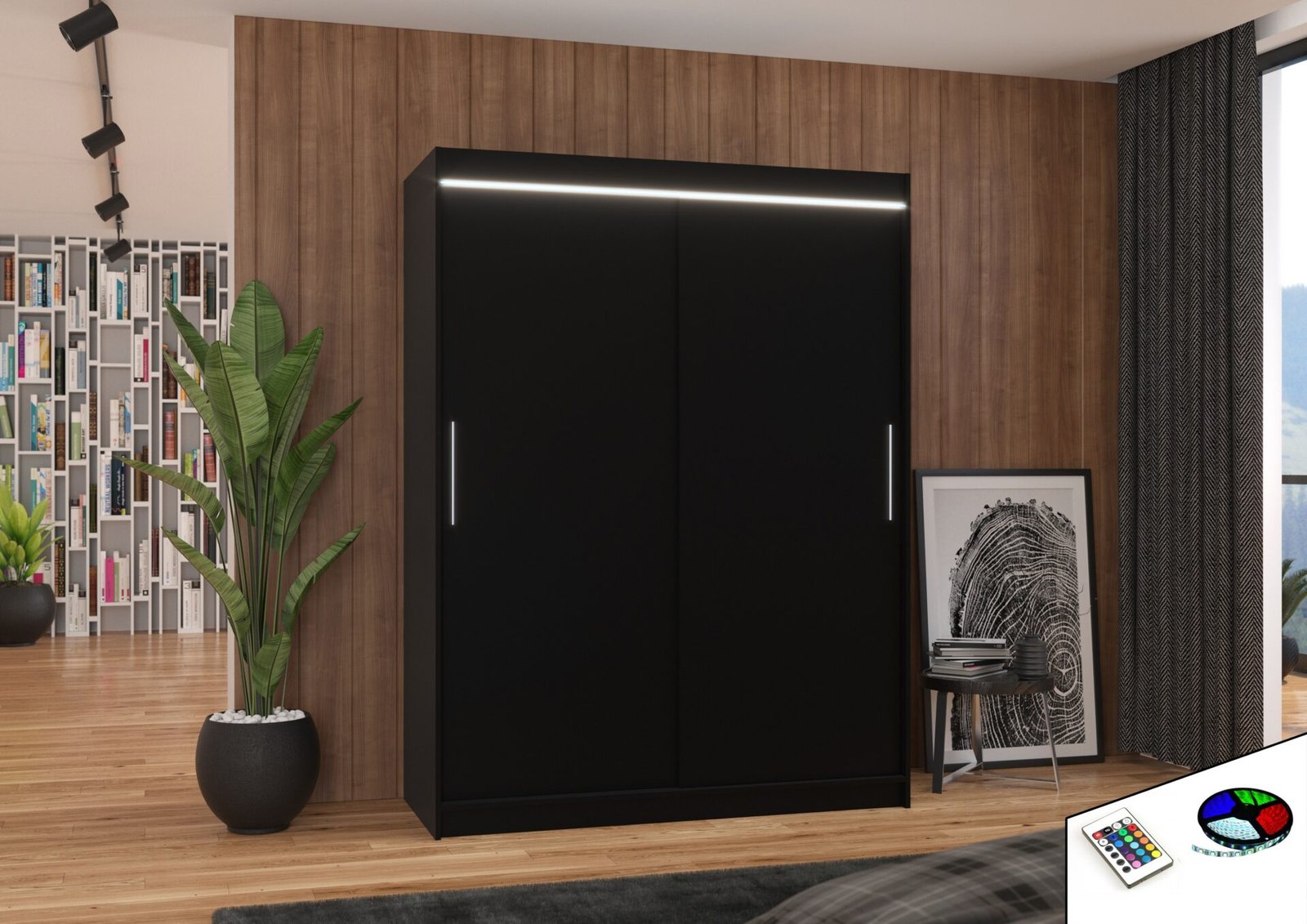 Sliding wardrobe with LED lighting DENVER 150 black ADRK - Image 2