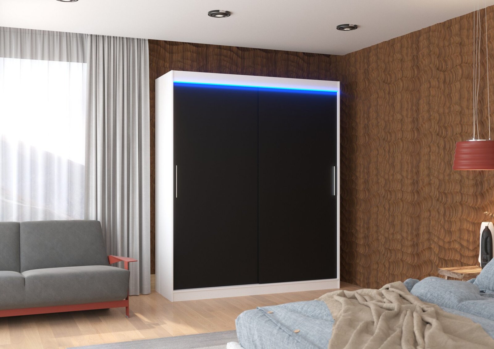Sliding wardrobe with LED lighting LINCOLN 180 white/black ADRK - Image 2