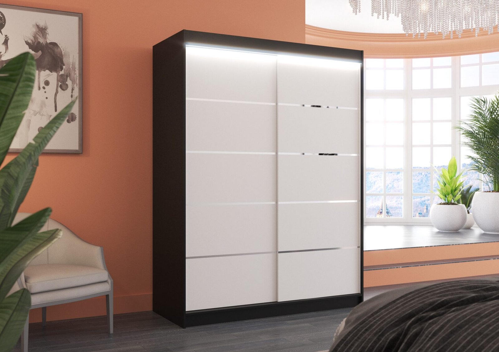 Sliding wardrobe with LED lighting LUFT 150 black/white ADRK - Image 2