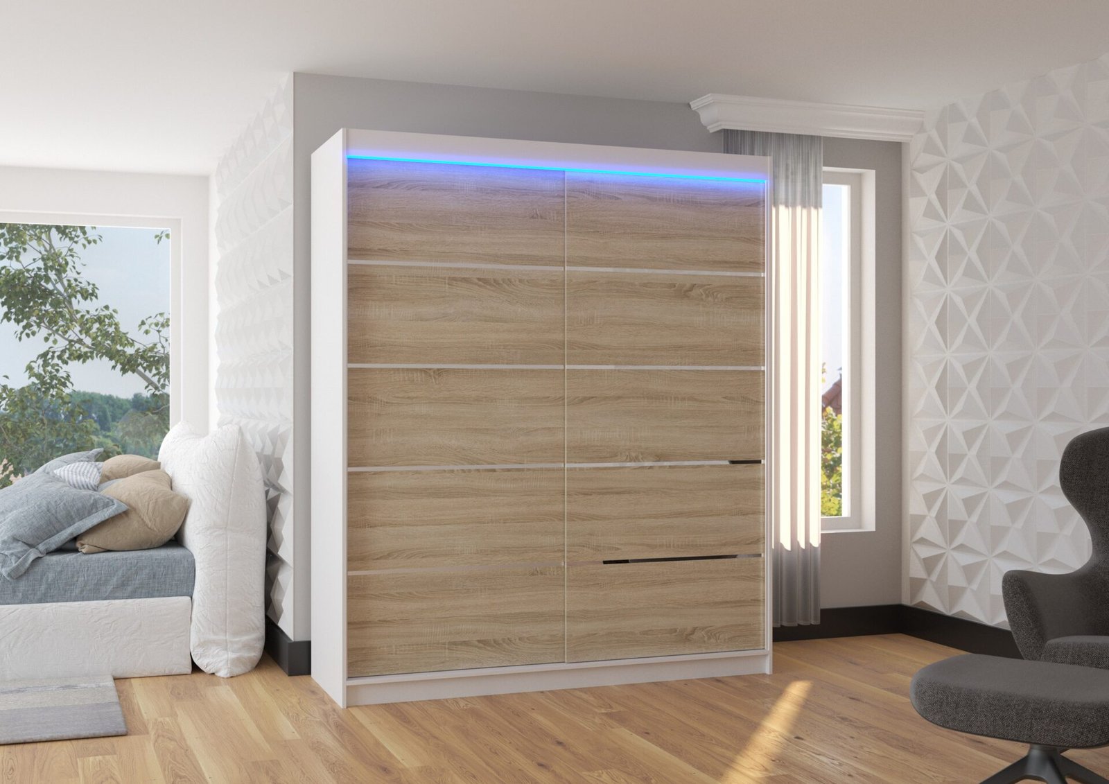 SPECTRA 180 sliding wardrobe with LED lighting, white/Sonoma, ADRK - Image 2