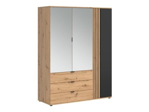 Three-door wardrobe with 3 drawers and mirror, Vabres 150 cm, artistic oak slats
