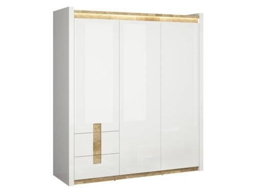 ALAMEDA three-door wardrobe with two drawers, 180 cm, glossy white/westminster oak