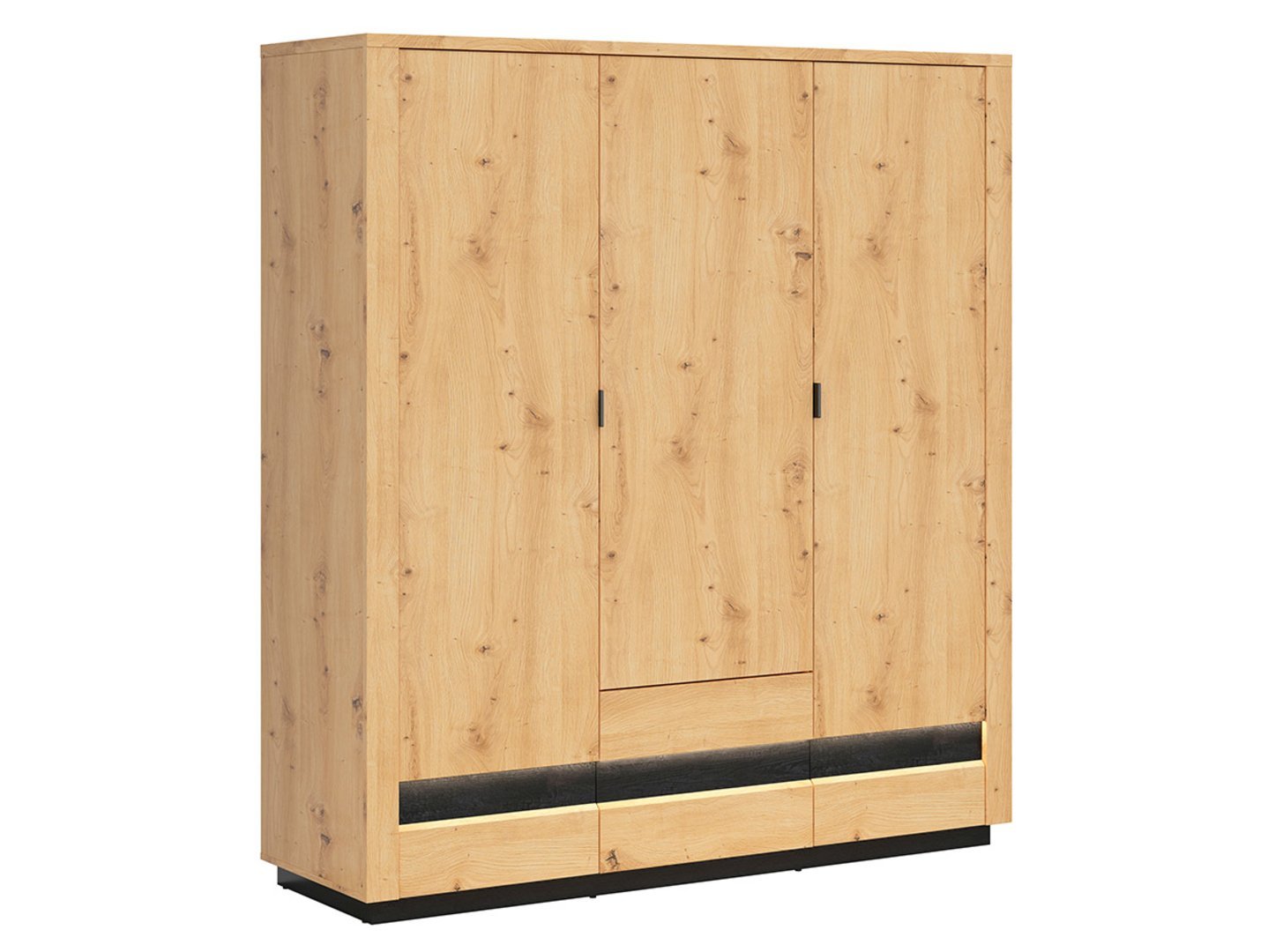 OSTIA three-door wardrobe with two drawers, 180.5 cm, imitation artificial oak, glossy black