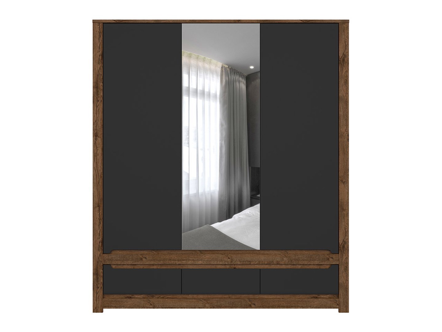 Three-door wardrobe with mirror front and three drawers RUSO 178.5 cm, ash oak/matte black - Image 2