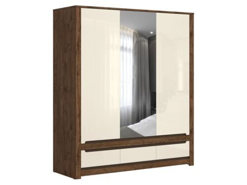 Three-door wardrobe with mirror front and three drawers RUSO 178.5 cm, dove-colored oak/pearl gloss