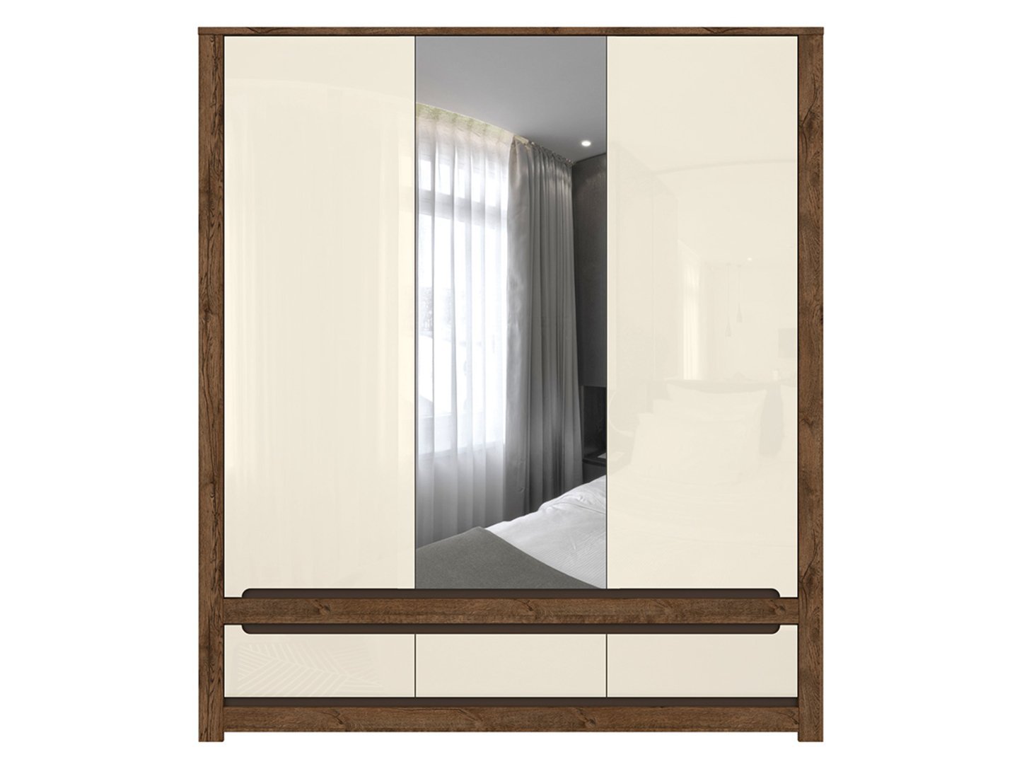 Three-door wardrobe with mirror front and three drawers RUSO 178.5 cm, dove-colored oak/pearl gloss - Image 2